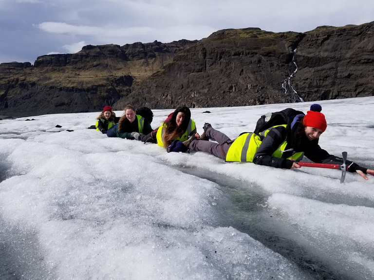 Study Abroad First Prize, Student Experiences: “Hang on a Glacier,” a photo by Yu Zhang, taken at Sólheimajökull in South Iceland. 
