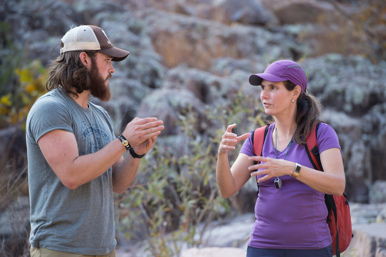 Orion McCullough-Smith chats with Ingrid Ukstins at Johnson’s Shut-Ins State Park. About 1.5 billion years ago, this park and southeast Missouri were part of a landscape dominated by volcanic calderas, some of which were up to 15 miles in diameter.