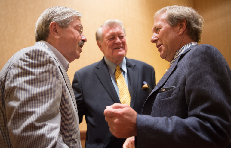 Bruce Harreld, Terry Branstad and Hayden Fry before going on stage at FryFest