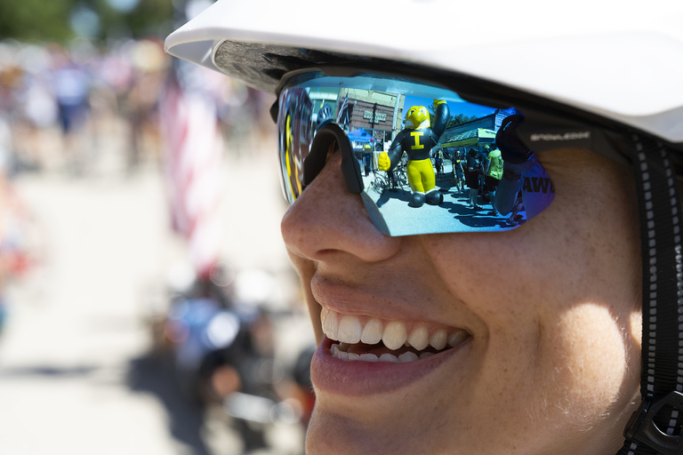 Herky is reflected in this rider’s sunglasses.