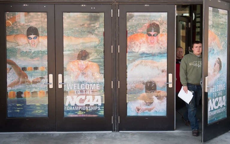 Doors covered with swimming pictures