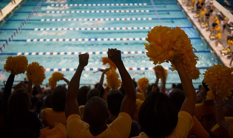 Fans cheer for their swimmers.