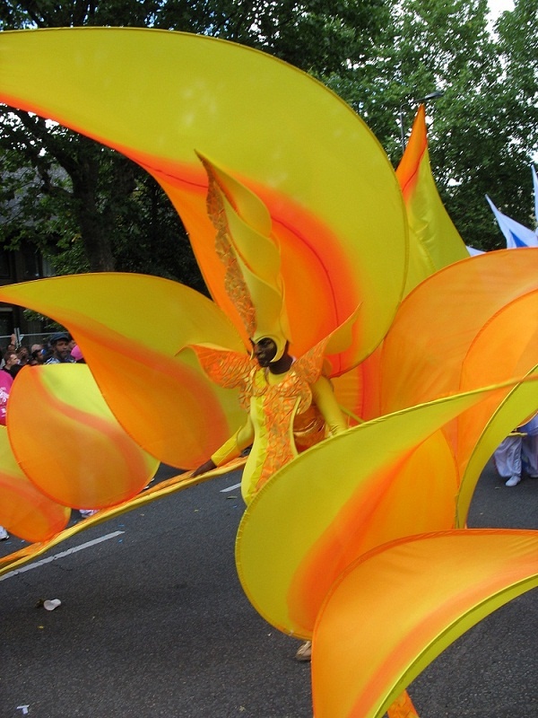 A person wearing a large, colorful carnival costume