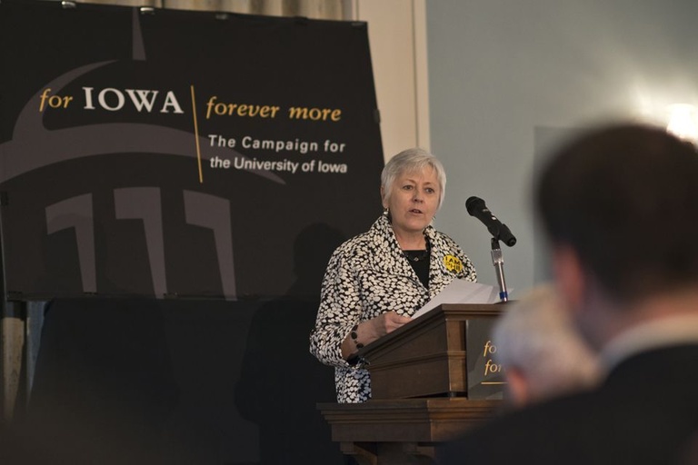 UI President Sally Mason addressing faculty, staff, students and media during the second annual Phil's Day on May 2.