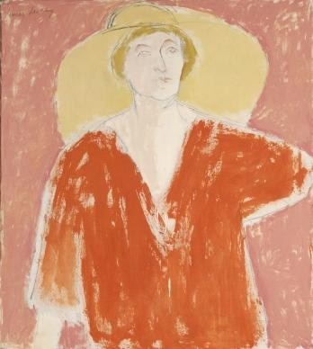 This is a painting of a woman wearing a large hat.
