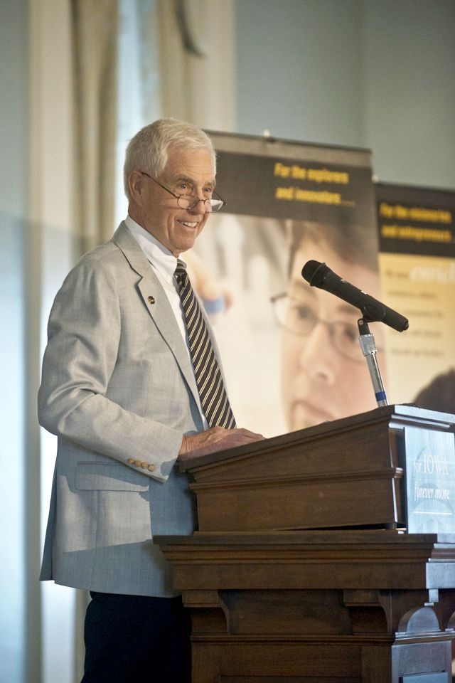 Tom Hanson, chair of the UI Foundation Board of Directors and the For Iowa Forever More. campaign co-chair, addressing faculty, staff, students and media during the second annual Phil's Day on May 2.