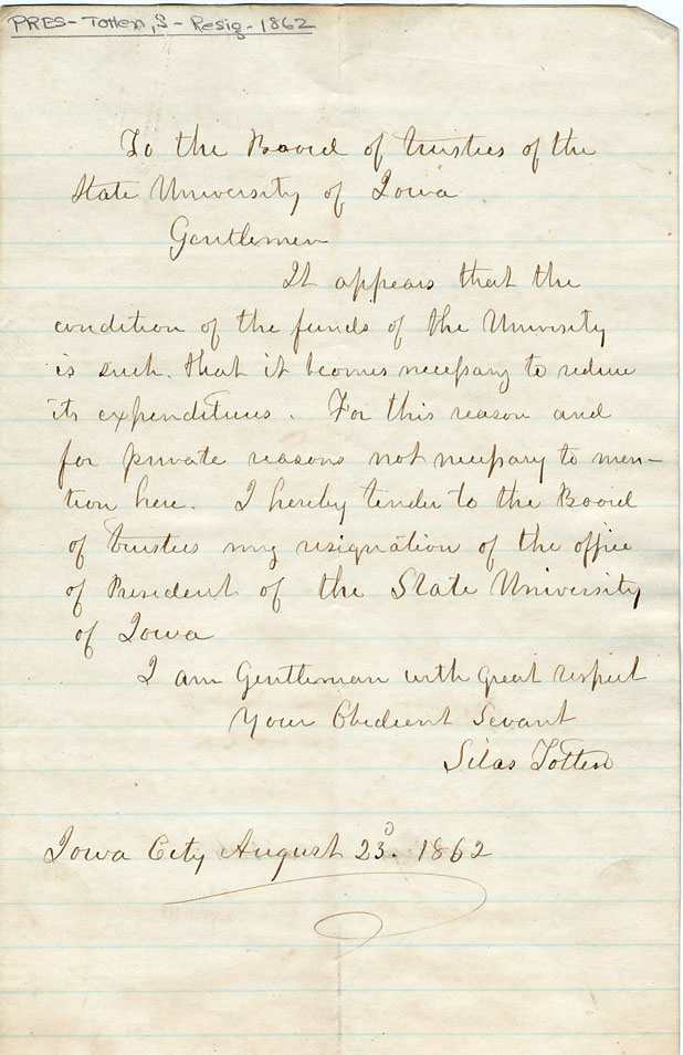 Resignation letter written by Silas Totten, dated Aug. 23, 1862