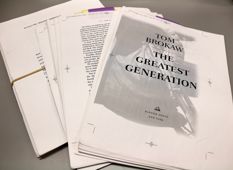 A galley proof of Brokaw&#039;s book, \"The Greatest Generation,\" as it appears in the Papers of Tom Brokaw.
