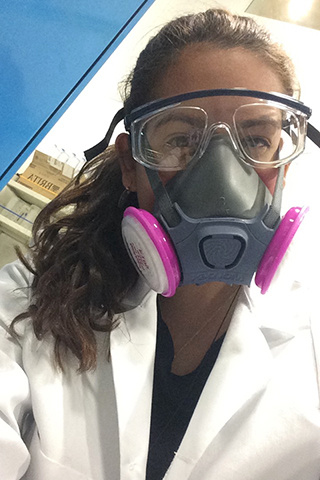 andrea diaz wearing safety gear in a clorox lab