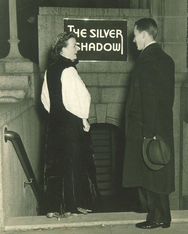 Black-and-white image of Silver Shadow entrance