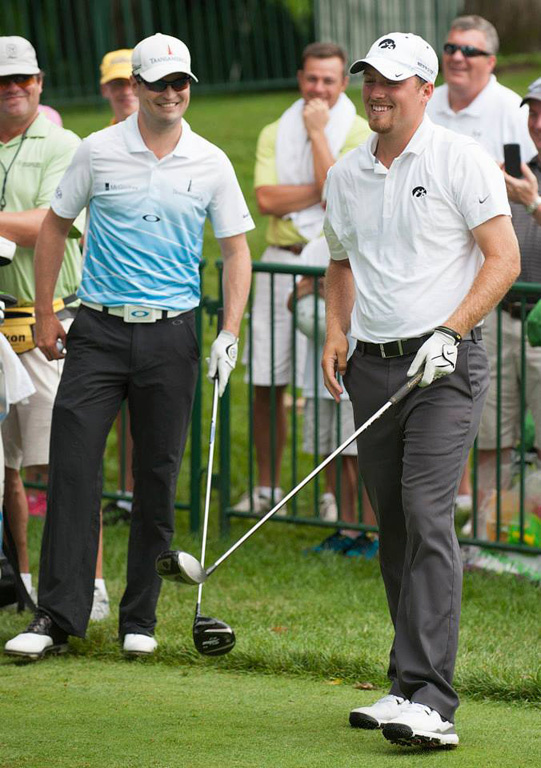 Zach Johnson and Steven Ihm joke with each other.