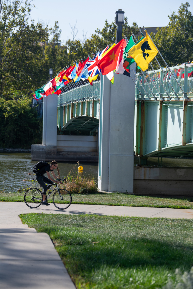 Photo of the International flag display on the Iowa River bridge