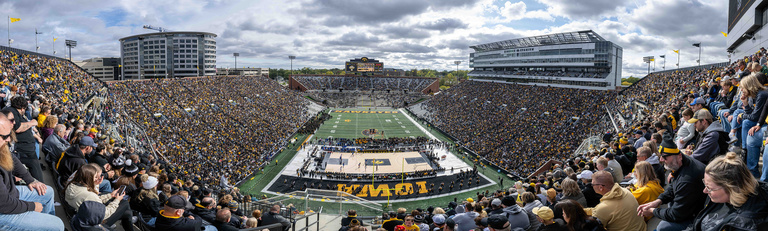 panoramic view of the crowd at Crossover at Kinnick, a women's basketball game played at Iowa's outdoor football stadium