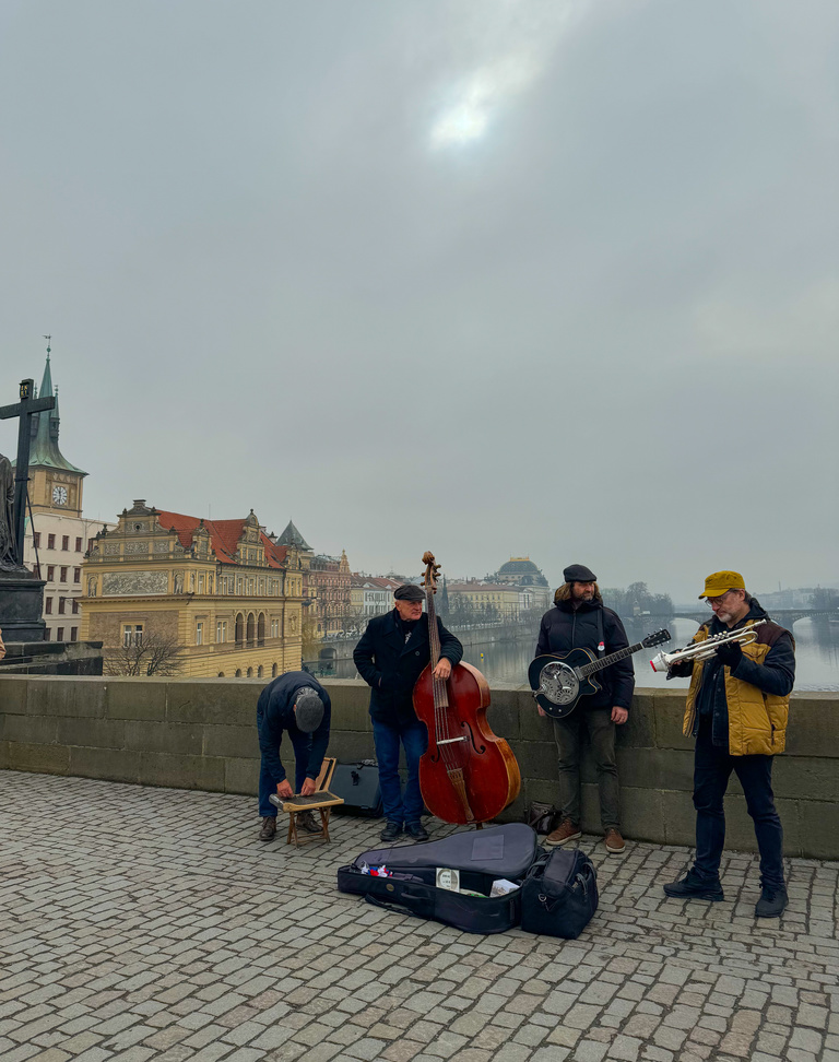 A quartet plays on Charles Bridge in Prague