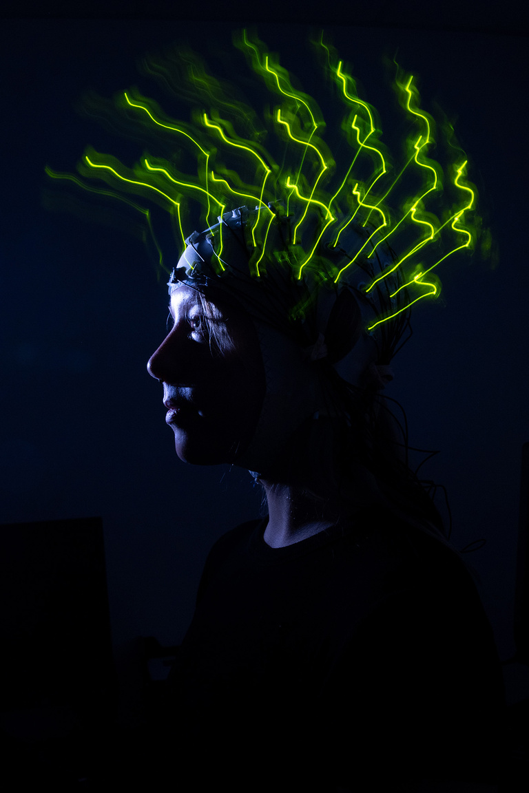 A photo illustration of an electroencephalography (EEG) cap, or brain cap, a device that monitors electrical activity in the brain by using sensors attached to the scalp.