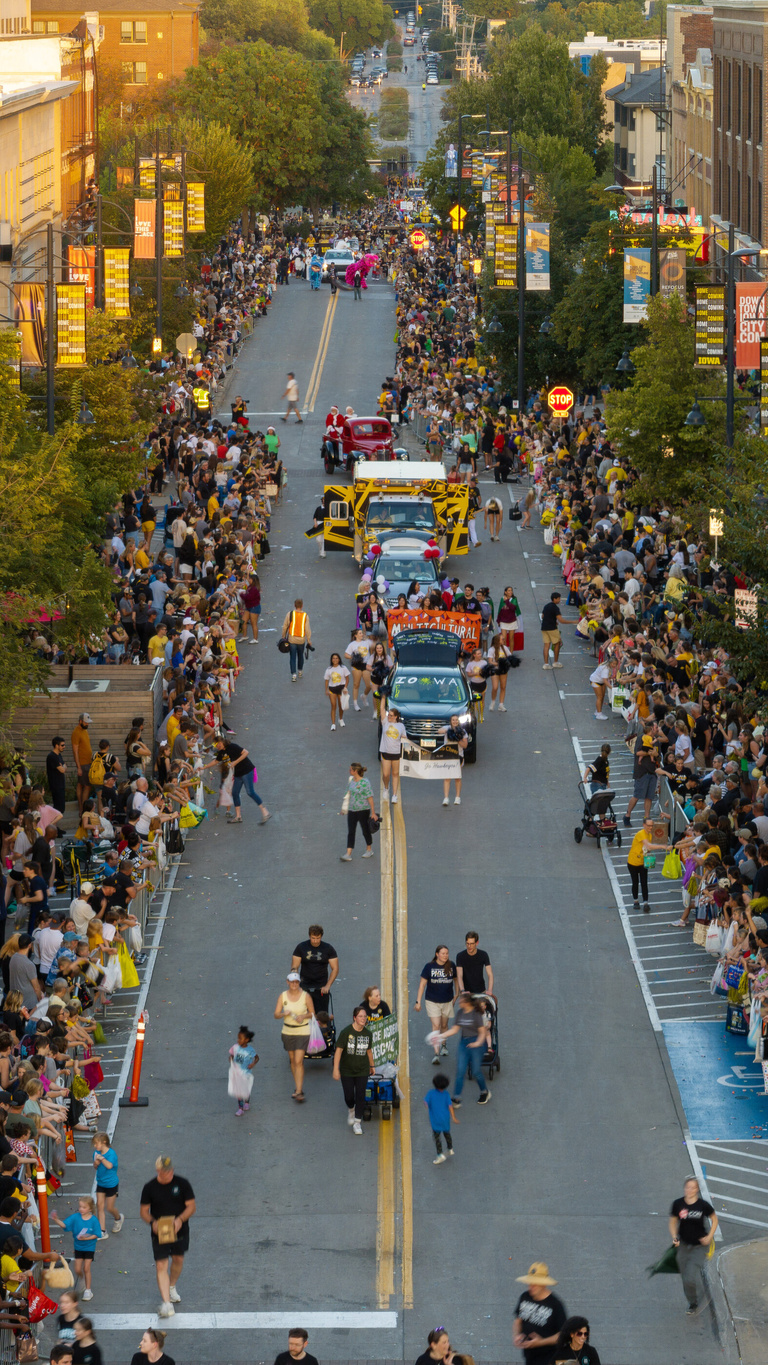 Aerial photo of the 2025 Homecoming parade in downtown Iowa City