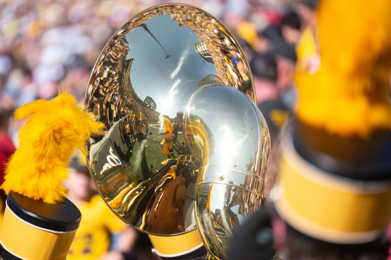 UI marching band reflected in a tuba