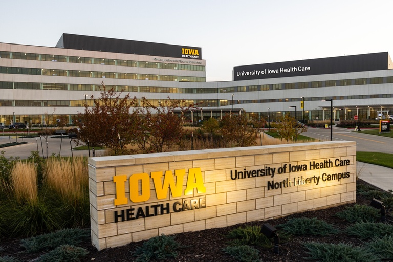 A view of the UI Health Care North Liberty campus and the sign out front.