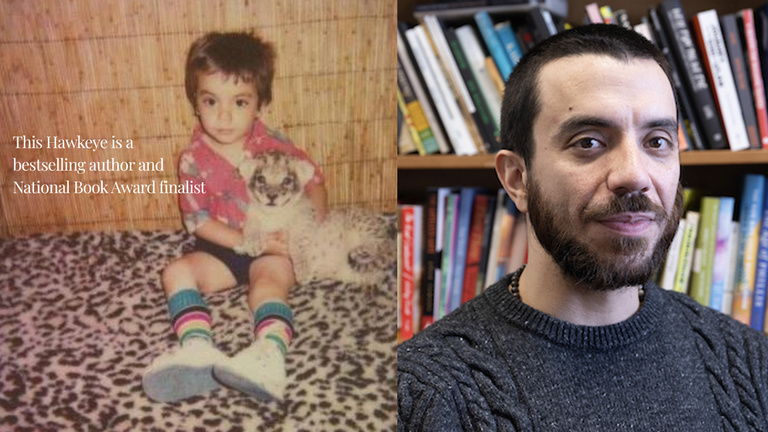 Kaveh Akbar as a child and today