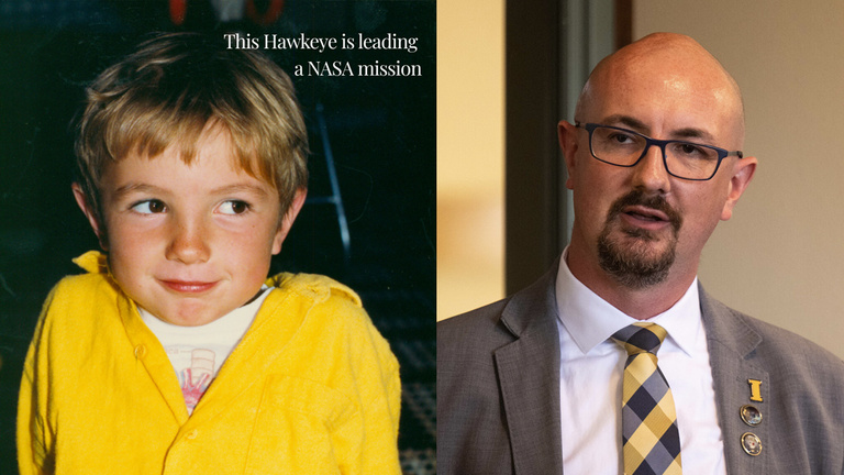 David Miles as a child and today