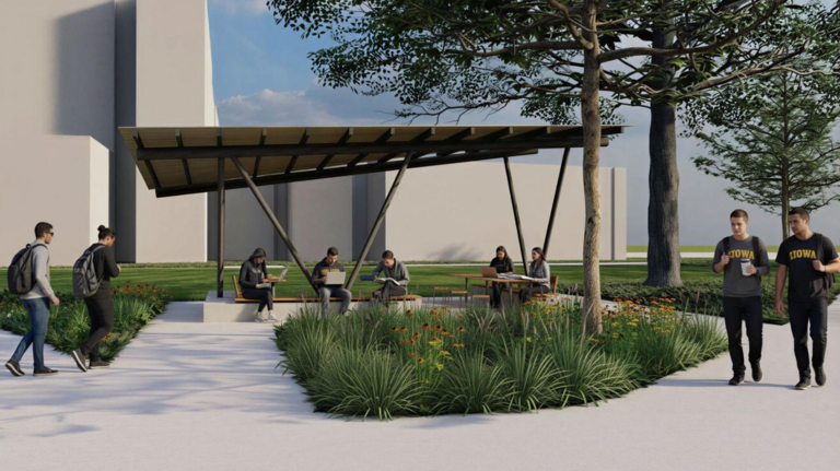 A graphic rendering of a pavilion at Quad Green