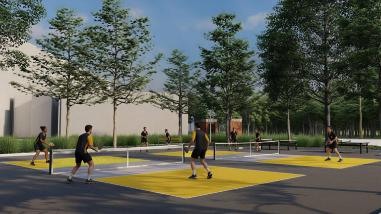 A graphic rendering of students playing on pickleball courts at Quad Green