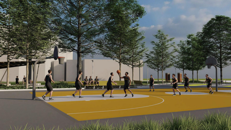 A graphic rending of students playing basketball on Quad Green