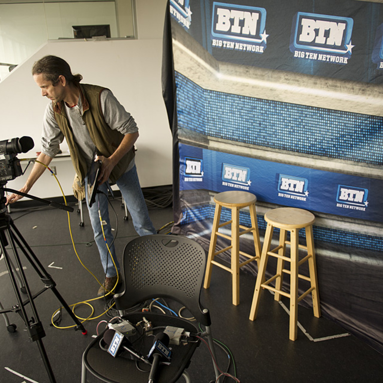 The Big Ten Network broadcast booth duirng setup.