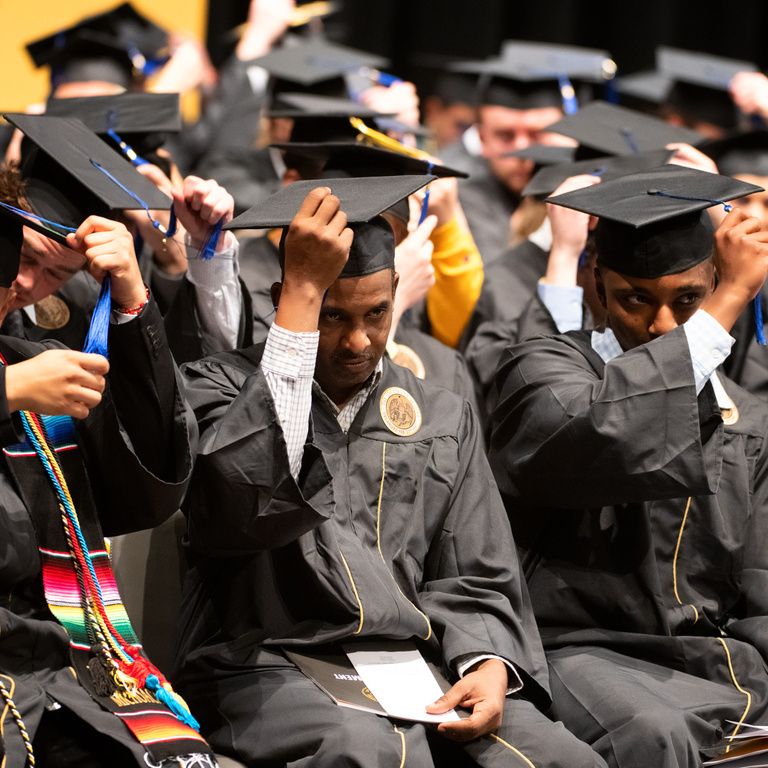 These students become official graduates of the University of Iowa by turning their tasslels from right to left.