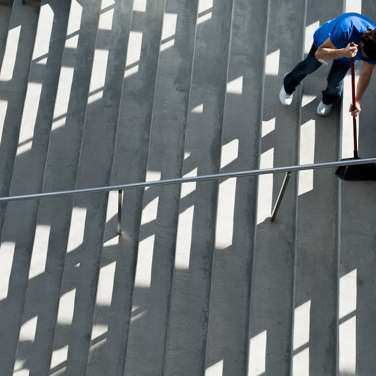The facilities crew at the new building works to keep the brand new building look, well, brand new.