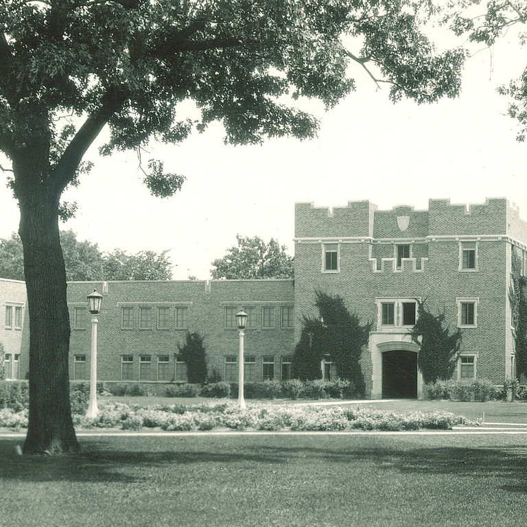 black-and-white image of Quadrangle's exterior and courtyard