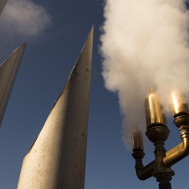 Steam pours out of the new whistle at noon on Tuesday.