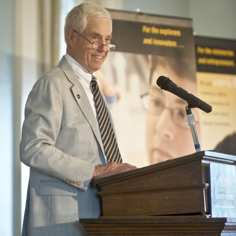 Tom Hanson, chair of the UI Foundation Board of Directors and the For Iowa Forever More. campaign co-chair, addressing faculty, staff, students and media during the second annual Phil's Day on May 2.