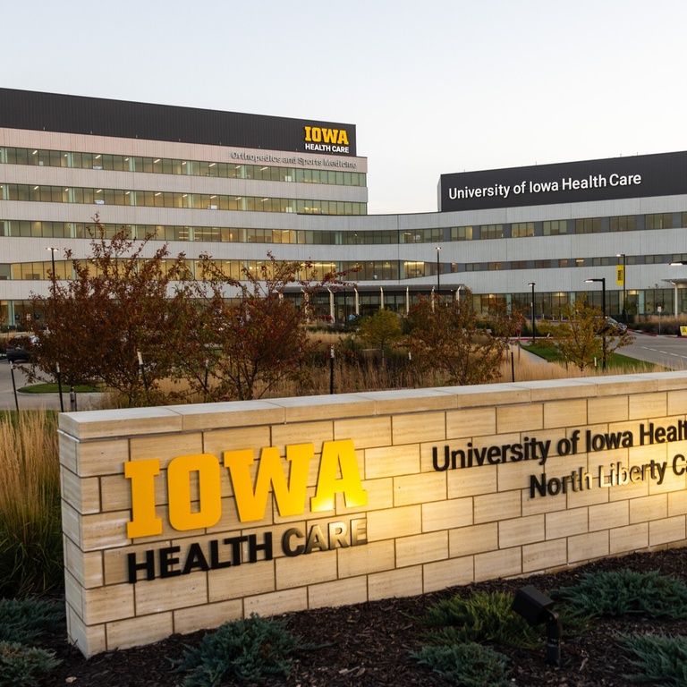 A view of the UI Health Care North Liberty campus and the sign out front.