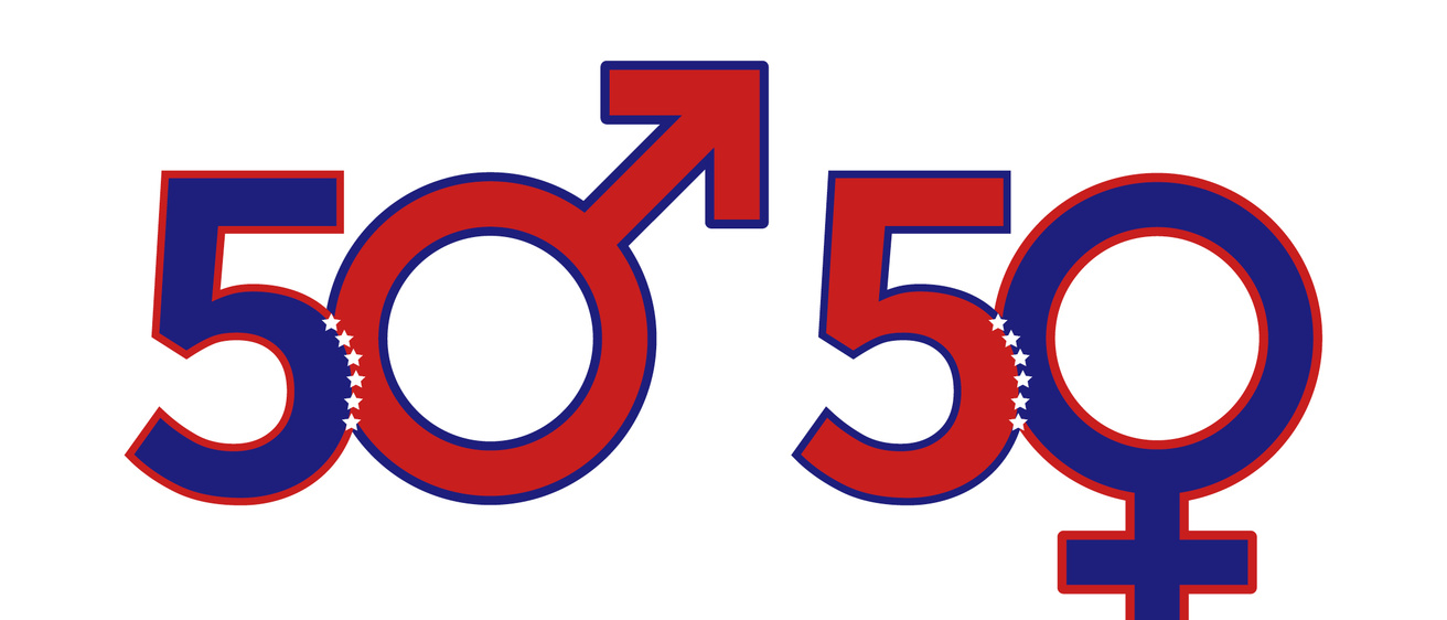 illustration of male and femail icons incorporated into the text 50 | 50
