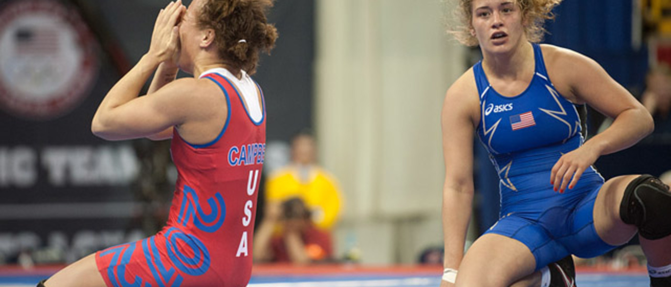 Kelsey Campbell, left, celebrates her Olympic dream while Helen Maroulis looks on in disbelief in the 55-kg competition.
