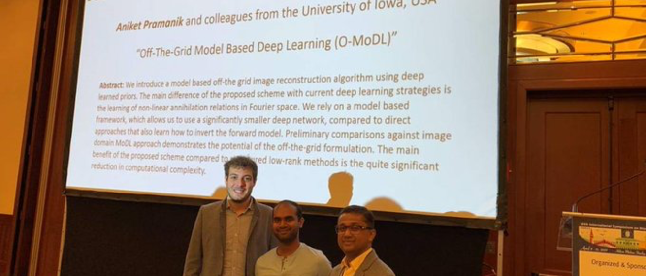 Aniket Pramanik, Hemant Aggarwal, and Mathews Jacob won Best Machine Learning Paper at the International Symposium on Biomedical Imaging recently in Venice, Italy.