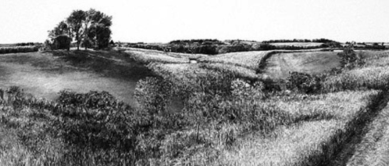 A black and white drawing of the Iowa landscape