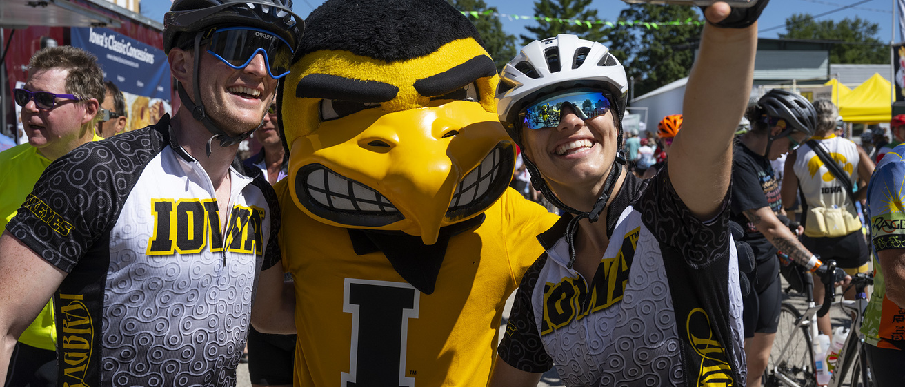 Iowa fans take a selfie with Herky on Thursday, July 28, in Marble Rock.