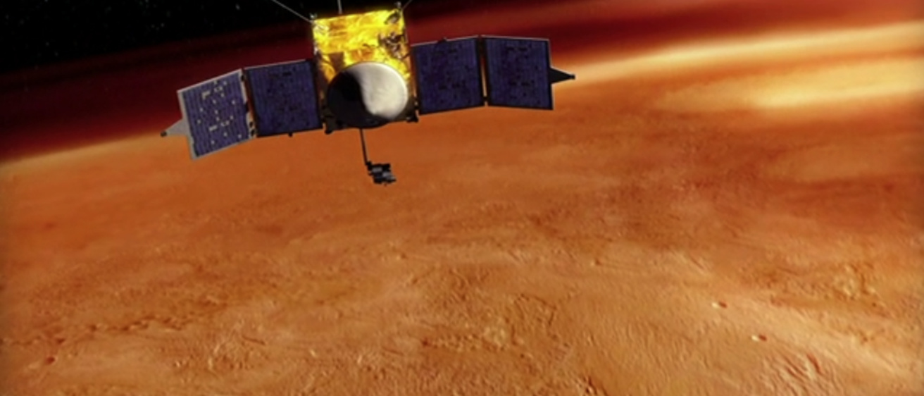 Artist conception depicting MAVEN orbiting Mars. Image courtesy of NASA Goddard Space Flight Center.