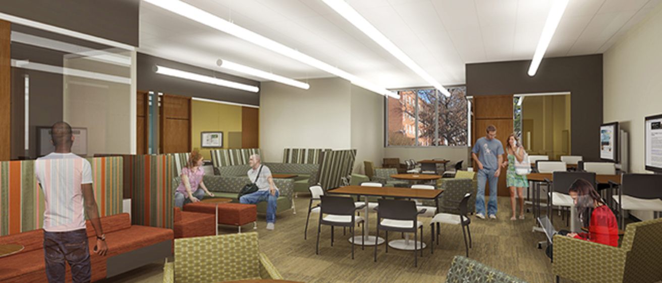 A study room in the learning commons of the new West Campus Residence Hall. Architectural renderings by Rohrbach Associates PC.
