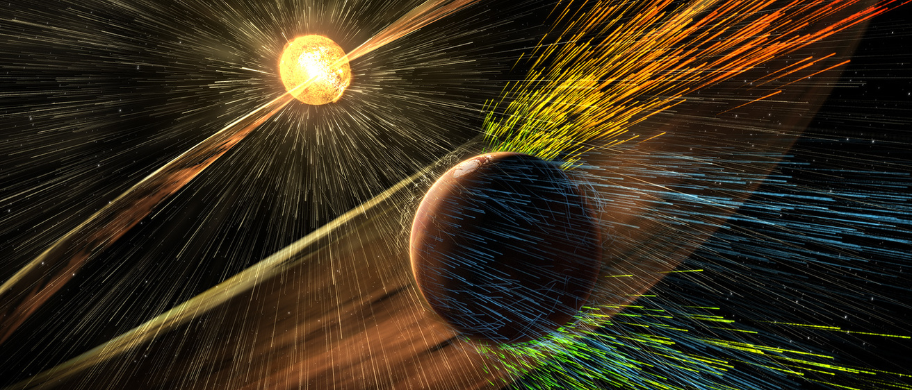 an image showing the sun, solar wind, and mars