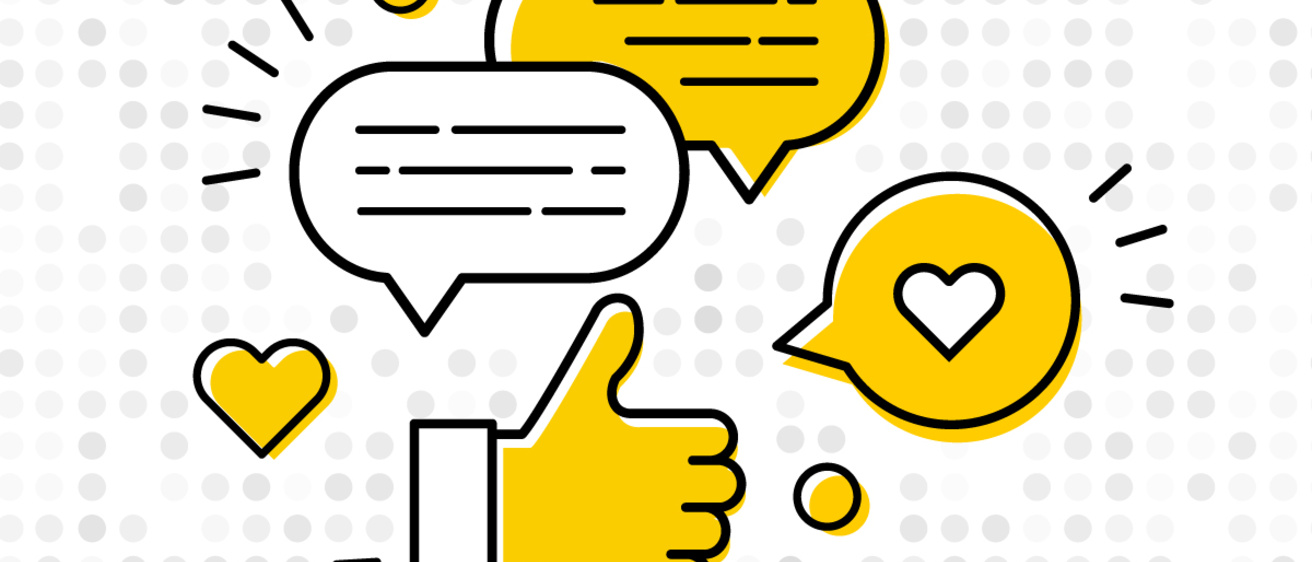 Yellow and white chat bubbles, a yellow thumbs up, and heart and like symbols from social media