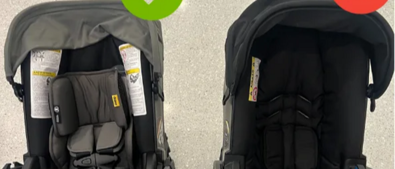 Two car seats for children, side by side. One has a green checkmark, noting it is a legitimate car seat, the other has a red 'X' noting it is counterfeit.