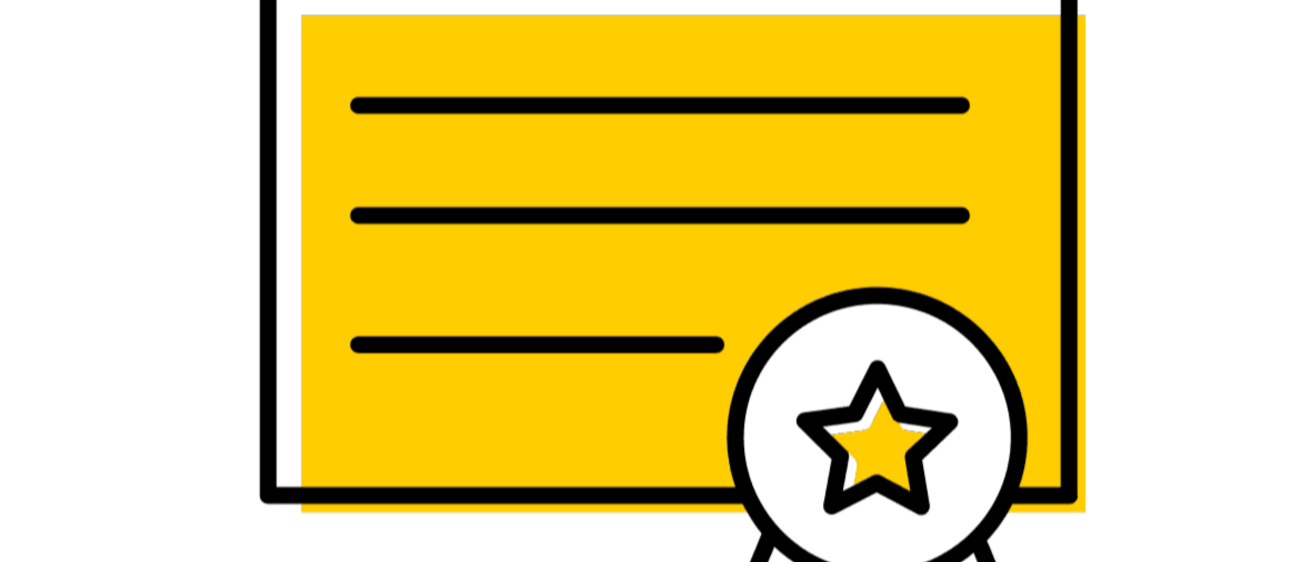 A yellow certificate of achievement with a white prize ribbon and yellow star in the bottom right corner