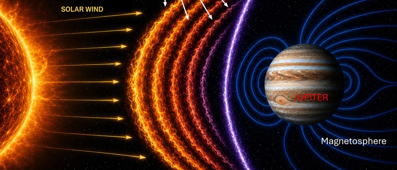 University of Iowa physicists have made the most detailed observations of Jupiter’s bow shock, a barrier that helps deflect harmful particles from the sun. The illustration shows how Jupiter employs a series of regions, called shocklets, to engage with the solar wind and slow it down before it meets the planet's main bow shock.
