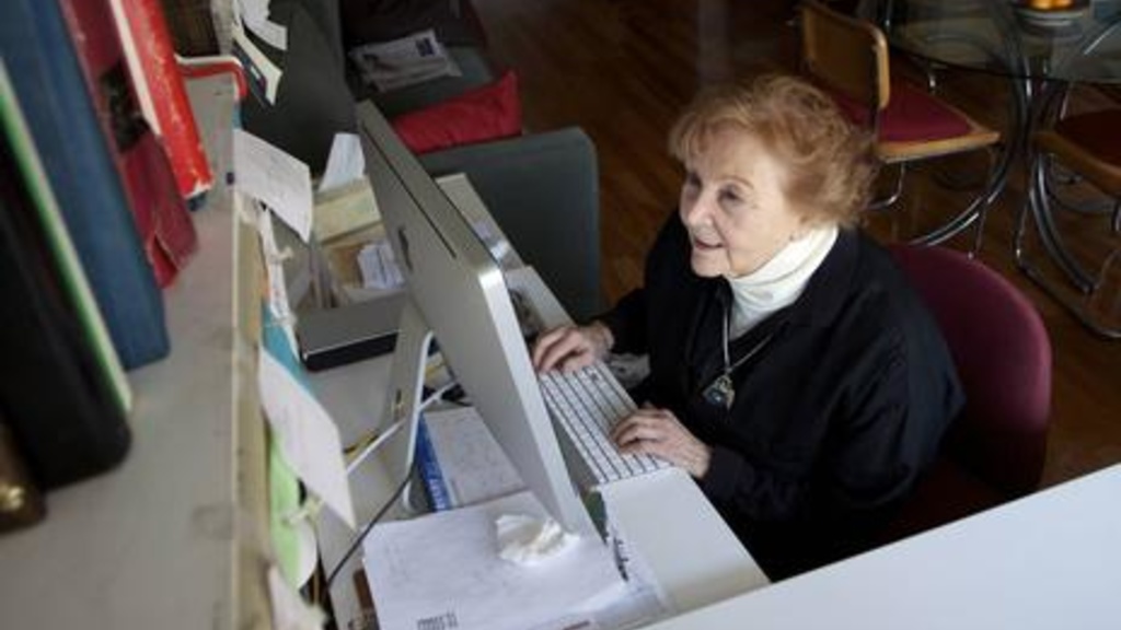 Shirley Joel edits video in her Manhattan apartment. The active 84-year-old learned to use Final Cut Pro editing software during her eighties. (Elizabeth Stuart)