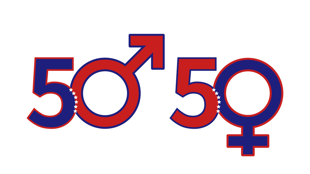 illustration of male and femail icons incorporated into the text 50 | 50