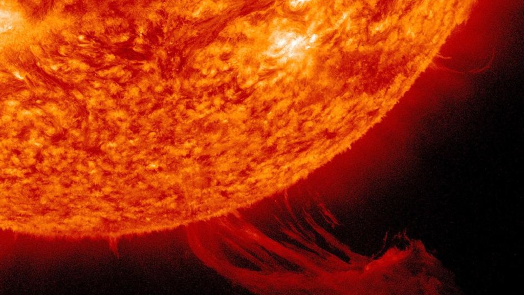 A solar prominence erupts into the sun's atmosphere, or corona. Credit: NASA.