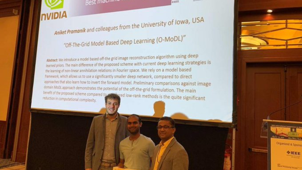 Aniket Pramanik, Hemant Aggarwal, and Mathews Jacob won Best Machine Learning Paper at the International Symposium on Biomedical Imaging recently in Venice, Italy.